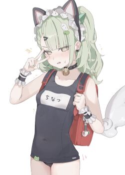 1girl alternate_costume animal_ear_hairband animal_ears bell blue_one-piece_swimsuit breasts cat_ear_hairband cat_ears coa_(35_seno) collarbone commentary_request covered_navel cowboy_shot earrings fake_animal_ears ghost_hair_ornament green_eyes green_hair green_nails hair_ornament hairband heart heart_earrings highres jewelry maid_headdress multiple_hair_clips neck_bell one-piece_swimsuit ponytail red_bag school_swimsuit small_breasts solo sunna_(afternoon_tea_break)_(zenless_zone_zero) sunna_(zenless_zone_zero) swimsuit v white_wings winged_bag wings zenless_zone_zero