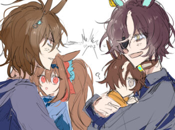 2boys 2girls aged_down aged_up agnes_tachyon_(umamusume) ahoge anger_vein animal_ears bow brown_eyes brown_hair daiwa_scarlet_(umamusume) doting_parent ear_ornament earrings eyepatch genderswap genderswap_(ftm) glaring hair_bow holding horse_boy horse_ears jewelry lightning_glare multicolored_hair multiple_boys multiple_girls pi_(zcvj3588) recursive_genderswap red_bow red_eyes short_hair single_earring sketch tanino_gimlet_(umamusume) two-tone_hair umamusume vodka_(umamusume) yellow_eyes