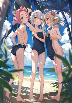 3girls ahoge animal_ears beach blonde_hair blue_sky cloud coconut_tree diona_(genshin_impact) flat_chest genshin_impact green_eyes grey_hair hair_ornament highres holding holding_swimsuit holding_unworn_clothes klee_(genshin_impact) long_hair looking_at_viewer multiple_girls nahida_(genshin_impact) nude ocean palm_tree pink_hair pointy_ears red_eyes sakimiya_mafu sky swimsuit tail tree twintails unworn_swimsuit