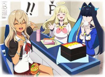 3girls :t ahoge anime_coloring bento black_hair black_jacket blazer blonde_hair blue_hair blue_shirt brown_hair chair closed_eyes closed_mouth dark-skinned_female dark_skin food fork hahajima_fuwari_(shadowverse_flame) hair_between_eyes hair_over_eyes highres holding holding_food holding_fork ikumi_seira_(shadowverse_flame) indoors jacket long_hair lunchbox miki_shinobu_(shadowverse_flame) multicolored_hair multiple_girls neckerchief on_chair onigiri open_clothes open_jacket open_mouth pink_neckerchief red_neckerchief red_skirt sailor_collar school_uniform shadowverse shadowverse_(animated_series) shadowverse_flame shirt skirt smile snc_net18bk2 table teeth upper_teeth_only white_shirt