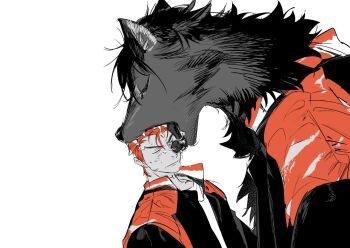 1boy :| animalization atie1225 black_fur blush closed_eyes closed_mouth collared_jacket commentary drooling fangs head_in_mouth jacket leaning_forward licking licking_another's_face limited_palette male_focus popped_collar profile red_hair red_jacket rukawa_kaede sakuragi_hanamichi saliva saliva_trail shirt short_hair simple_background slam_dunk_(series) small_sweatdrop sweat t-shirt teeth tongue tongue_out upper_body v-shaped_eyebrows white_background white_shirt wolf wolf_boy