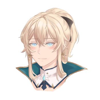 Rule 34 | 1girl, black bow, blonde hair, blue cape, blue eyes, blue gem, blush, bow, buttons, cape, closed mouth, commentary, cross, cross earrings, detached collar, earrings, english commentary, gem, genshin impact, hair between eyes, hair bow, high ponytail, highres, jean (genshin impact), jean (gunnhildr's legacy) (genshin impact), jewelry, long hair, looking at viewer, mandarin collar, pendant, ponytail, sidelocks, simple background, smile, solo, upper body, white background, yurenn