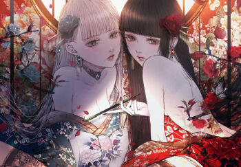 2girls black_hair blue_eyes blunt_bangs breasts commentary_request earrings flower grey_eyes hair_flower hair_ornament japanese_clothes jewelry kanzashi kimono kiseru long_hair looking_at_viewer multiple_girls off_shoulder oiran original pale_skin rose satsuki_kei small_breasts smoking_pipe white_hair