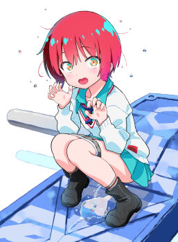 1girl absurdres amate_yuzuriha aqua_eyes aqua_shirt aqua_skirt black_boots black_panties boots caught commentary_request diagonal-striped_clothes diagonal-striped_necktie ears_visible_through_hair flying_sweatdrops full_body grey_socks gundam gundam_gquuuuuux highres kuuchuu_yousai miniskirt multicolored_eyes necktie orange_eyes panties panty_pull peeing pleated_skirt red_hair shirt short_hair skirt socks solo squatting striped_clothes surprised sweater two-tone_eyes underwear white_sweater