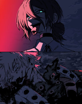 1boy 1girl bakugou_katsuki black_choker black_jumpsuit blood blood_on_face blue_eyes boku_no_hero_academia chainsaw_man choker commentary death english_commentary grey_hair grey_shirt hair_bun heartbreak_juan highres jumpsuit night outdoors purple_hair reze_(chainsaw_man) severed_tongue shirt spiked_hair superhero_costume