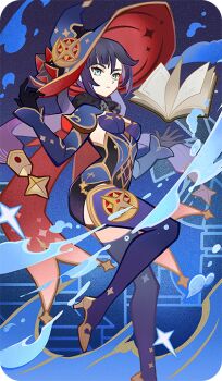Rule 34 | 1girl, aqua eyes, bad source, black gloves, black hair, blue hat, book, boots, closed mouth, detached sleeves, genshin impact, gloves, hands up, hat, high heel boots, high heels, long sleeves, looking at viewer, mona (genshin impact), mona (pact of stars and moon) (genshin impact), official alternate costume, official art, open book, solo, standing, standing on one leg, thigh boots, witch hat