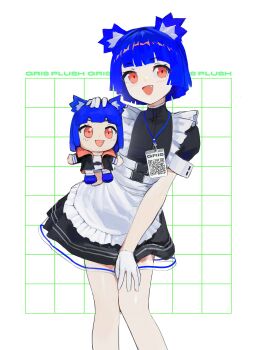 1girl :d absurdres alternate_costume animal_ear_fluff animal_ears apron arm_up bear_ears bear_girl belt black_belt black_coat black_dress blue_hair blue_shoes blunt_bangs blunt_ends blunt_sidelocks bob_cut buckle character_doll character_name chest_belt chibi coat collared_dress commentary contrapposto doll dress english_commentary english_text enmaided eyebrows_hidden_by_hair fang feet_out_of_frame flat_chest frilled_apron frills gloves go!_go!_gris! grid_background grin gris_(go!_go!_gris!) hair_intakes hand_on_own_thigh head_tilt highres holding holding_stuffed_toy knees_together_feet_apart leaning_to_the_side light_blush long_eyelashes looking_at_viewer maid maid_apron merchandise merchandise_available miniskirt open_mouth original outstretched_arm outstretched_arms pink_coat pink_eyes promotional_art puffy_short_sleeves puffy_sleeves raised_eyebrows red_eyes see-through_clothes see-through_skirt shoes short_hair short_sleeves sidelocks skirt smile snap-fit_buckle socks solo spread_arms standing stuffed_toy text_background thick_eyelashes thighs two-sided_coat two-sided_fabric two-tone_dress underbust vertigris waist_apron white_apron white_background white_belt white_dress white_gloves white_socks