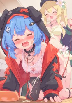 2girls absurdres blonde_hair blue_hair breasts closed_eyes collar commentary_request commission cum futa_with_female futanari gloves hair_ornament highres leash multiple_girls open_mouth original psd_available sex skeb_commission thighhighs torn_clothes zusshii_(libertasgenesis)