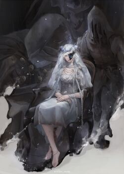1girl absurdres barefoot blue_eyes braid chair dark_background doll_joints dress earrings elden_ring elden_ring_nightreign floor flower_wreath head_wreath highres incredibly_absurdres jewelry joints long_hair revenant_(elden_ring) sin_node sitting veil white_dress white_hair white_veil