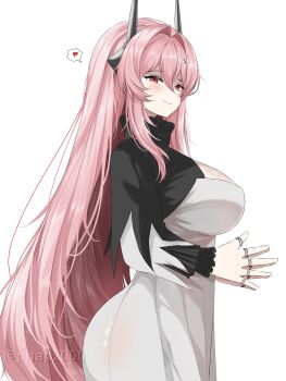 1girl arknights black_dress black_horns breasts closed_mouth cowboy_shot dress grey_dress hair_between_eyes hair_intakes hashtag-only_commentary heart highres horns jewelry large_breasts long_hair long_sleeves multiple_rings own_hands_together palms_together phap2000 pink_hair red_eyes ring simple_background smile solo spoken_heart standing theresa_(arknights) turtleneck turtleneck_dress twitter_username very_long_hair watermark white_background
