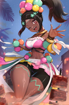1girl absurdres bare_shoulders black_hair breasts brown_eyes commentary crop_top dark-skinned_female dark_skin eyeshadow fire_emblem fire_emblem_engage frilled_skirt frills gonzarez hair_ornament highres makeup medium_breasts midriff navel nintendo orb parted_bangs pink_eyeshadow ponytail short_hair shorts simple_background skirt sleeveless solo star-shaped_pupils star_(symbol) symbol-shaped_pupils thighs timerra_(fire_emblem) white_background