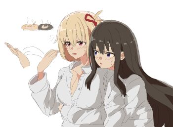 2girls absurdres black_hair blonde_hair blush breasts cke65442104 cleavage collared_shirt hair_ribbon highres hug hug_from_behind inoue_takina long_hair lycoris_recoil multiple_girls nishikigi_chisato open_clothes open_mouth open_shirt purple_eyes red_eyes red_ribbon ribbon shirt simple_background sweat sweatdrop white_background white_shirt yuri