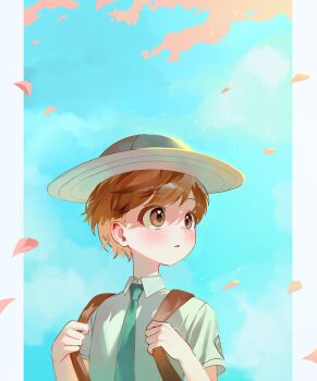 1boy absurdres brown_eyes brown_hair collared_shirt commentary_request day falling_petals florian_(pokemon) green_necktie hat highres holding_strap korean_commentary looking_to_the_side male_focus necktie nintendo outdoors petals pillarboxed pokemon pokemon_scarlet_and_violet pokesudal school_uniform shirt short_hair sky solo upper_body