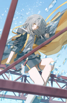 1girl absurdres black_gloves black_jacket black_skirt bu_bai_(wres2744) chinese_commentary closed_mouth commentary_request gloves grey_hair hand_up highres honkai:_star_rail honkai_(series) jacket knee_up long_hair open_clothes open_jacket outdoors shirt sitting skirt sleeves_rolled_up solo stelle_(honkai:_star_rail) thigh_strap trailblazer_(honkai:_star_rail) white_shirt