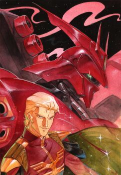 1boy blonde_hair blue_eyes char's_counterattack char_aznable commentary dated epaulettes gundam hair_slicked_back highres mecha military military_uniform mobile_suit neo_zeon one-eyed pretentiousfork robot sazabi science_fiction short_hair signature smile space sparkle star_(sky) symbol-only_commentary traditional_media upper_body zeon