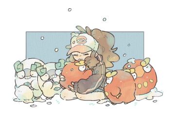 1girl baseball_cap black_jacket brown_hair closed_eyes cold darumaka full_body galarian_darumaka galarian_form gen_5_pokemon gen_8_pokemon hat high_ponytail hilda_(pokemon) hug jacket katiko long_hair looking_at_another nintendo pokemon pokemon_(creature) pokemon_bw ponytail sidelocks simple_background snowing white_background