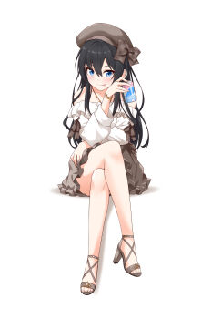 1girl absurdres artist_self-insert bare_shoulders beret black_hair blue_eyes blush bow brown_skirt collarbone commentary crossed_legs drink english_commentary felutiahime frilled_shirt frilled_skirt frills full_body hair_between_eyes hat hat_bow high_heel_sandals high_heels highres holding holding_drink jewelry long_hair long_sleeves looking_at_viewer necklace off-shoulder_shirt off_shoulder original sandals shirt simple_background sitting skirt smile solo straight_hair tongue tongue_out white_background