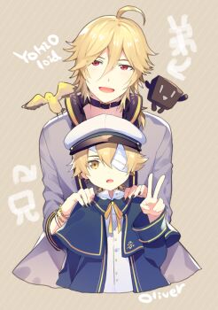 2boys ahoge bandage_over_one_eye beige_background belt_collar blonde_hair blue_capelet blue_jacket capelet character_name collar commentary cropped_torso cubi_(vocaloid) grey_shirt hand_up hands_on_another&#039;s_shoulders hat headphones headphones_around_neck height_difference jacket james_(vocaloid) looking_at_viewer male_focus multiple_boys oliver_(vocaloid) open_mouth peaked_cap red_eyes sailor_hat shirt sinaooo smile upper_body v vocaloid white_headwear white_shirt yellow_eyes yohioloid