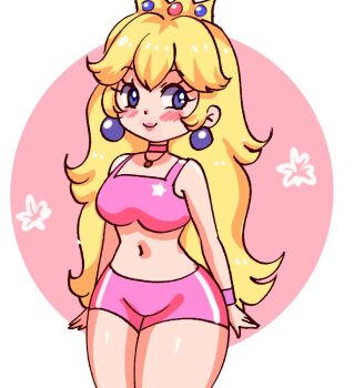 1girl araceri blonde_hair blue_eyes blush breasts choker crown earrings floral_background jewelry large_breasts long_hair looking_at_viewer mario_(series) navel necklace nintendo pearl_earrings pink_shorts pink_sports_bra princess princess_peach print_sports_bra shorts smile sports_bra standing star_(symbol) star_print sweatband white_background wide_hips wristband