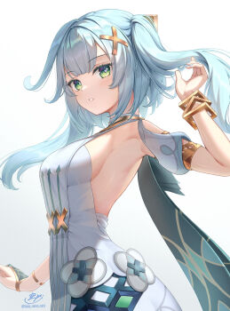 1girl aqua_hair armpits blush bracelet breasts clothing_cutout commentary dress faruzan_(genshin_impact) from_side genshin_impact green_eyes hand_up highres jewelry long_hair looking_at_viewer looking_to_the_side medium_breasts parted_lips shoulder_cutout sideboob sideless_dress signature simple_background solasuna solo symbol-shaped_pupils triangle-shaped_pupils twintails twitter_username very_long_hair white_background white_dress