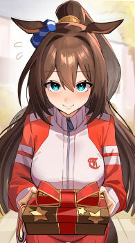1girl absurdres animal_ears blue_eyes blush box breasts brown_hair closed_mouth domino_mask ear_ornament ear_scrunchie el_condor_pasa_(umamusume) eye_mask franz2543 gift gift_box hair_between_eyes hair_ornament highres holding holding_gift holding_mask horse_ears horse_girl jacket large_breasts long_hair long_sleeves looking_at_viewer mask pants ponytail red_jacket red_pants red_track_suit scrunchie smile tracen_training_uniform track_jacket track_pants track_suit umamusume unworn_mask zipper_pull_tab