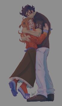 Rule 34 | 1boy, 1girl, black hair, black shirt, black shoes, blue shoes, blush, bow, brown skirt, closed eyes, closed mouth, commentary, diana (kyokugen dasshutsu), english commentary, fingernails, flower, footwear bow, full body, grey background, hair flower, hair ornament, height difference, highres, hug, kyokugen dasshutsu, long hair, long sleeves, open mouth, orange hair, pants, pantyhose, pelmendraws, red pantyhose, red sweater, shirt, shoes, short hair, short sleeves, sigma (kyokugen dasshutsu), signature, simple background, skirt, smile, standing, sweater, teeth, upper teeth only, white pants, zero escape: toki no dilemma