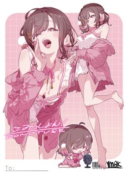 1girl absurdres ahoge bare_legs barefoot border breasts bright_pupils brown_eyes brown_hair character_request chibi cleavage closed_eyes colored_inner_hair commentary_request commission copyright_request cowboy_shot downblouse dress feet frills full_body grid hair_intakes hair_ornament hairclip highres jacket leaning_forward legs looking_at_viewer medium_breasts medium_hair microphone multicolored_hair multiple_views nail_polish namagaki_ataru off_shoulder open_clothes open_jacket open_mouth pink_background pink_hair pink_jacket short_dress skeb_commission sleepwear standing standing_on_one_leg tiptoes toenail_polish toenails toes white_border white_dress white_pupils