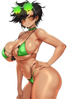 1girl bikini black_choker black_hair blush breasts capycapy choker cleavage collarbone corrupted_twitter_file cross cross_pasties dark-skinned_female dark_skin earrings eyewear_on_head green-tinted_eyewear green_bikini hand_on_own_hip highres hoop_earrings jewelry large_breasts navel o-ring original pasties short_hair smile solo stomach strap_gap swimsuit tinted_eyewear wet white_background yellow_eyes