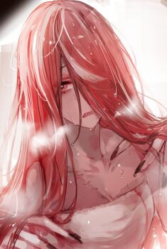 1girl absurdres black_nails breasts cleavage collarbone commentary dokuro_deluxe hair_over_one_eye highres hololive hololive_indonesia kureiji_ollie long_hair looking_at_viewer multicolored_hair nail_polish naked_towel one_eye_covered open_mouth red_eyes red_hair solo steam stitched_chest streaked_hair towel upper_body virtual_youtuber wet wet_hair white_hair