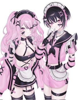 1boy 1girl aegyo_sal androgynous apron arm_behind_back arm_warmers arms_at_sides bandaged_neck bandages bandaid bandaid_on_cheek bandaid_on_face bandaid_on_thigh belt black_arm_warmers black_belt black_bow black_collar black_garter_straps black_gloves black_hair black_headdress black_necktie black_sailor_collar black_shirt black_skirt black_suspenders black_thighhighs blush bow bowtie breasts buckle cardigan cardigan_partially_removed center-flap_bangs chain cleavage cleavage_cutout closed_mouth clothing_cutout collar collarbone corrupted_twitter_file cowboy_shot criss-cross_halter crop_top cropped_shirt crossed_bandaids double-parted_bangs double_vertical_stripe expressionless frilled_apron frills from_above garter_straps gloves hair_between_eyes hair_ornament hairclip half_gloves halterneck hand_up head-mounted_display head_tilt heart heart-shaped_buckle heart_necklace highres holding holding_knife jewelry knife long_sleeves maid maid_apron maid_headdress midriff miniskirt multicolored_hair navel necklace necktie original pale_skin pink_arm_warmers pink_belt pink_bow pink_bowtie pink_cardigan pink_eyes pink_hair pink_ribbon pink_shirt pink_shorts pink_trim pleated_skirt puffy_long_sleeves puffy_sleeves raised_eyebrows raised_inner_eyebrows ribbon ribbon_trim sailor_collar school_uniform shirt short_hair short_shorts short_sleeves shorts side-by-side sidelocks simple_background single_garter_strap single_thighhigh skindentation skirt small_breasts smile standing strap_slip streaked_hair striped_arm_warmers studded_belt studded_thigh_strap suspender_shorts suspenders swept_bangs thigh_strap thighhighs touyu_1210 tsurime two-tone_hair unconventional_maid waist_apron wavy_hair white_apron white_background white_headdress wing_hair_ornament x_hair_ornament zettai_ryouiki