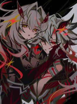 2girls arlecchino_(cinder_of_two_worlds'_flames)_(genshin_impact) arlecchino_(genshin_impact) arm_around_shoulder black_background black_dress black_eyes center_opening claws closed_mouth colored_skin couple curly_hair detached_collar dress egg_snail expressionless eye_symbol formal_clothes bad_tag genshin_impact gradient_skin grey_hair grey_suit hair_between_eyes hair_intakes hair_ornament hand_on_another's_cheek hand_on_another's_face hand_on_another's_shoulder head_tilt heads_together leaning_on_person leaning_to_the_side long_sleeves looking_at_viewer looking_to_the_side low_ponytail multicolored_eyes multicolored_hair multicolored_skin multiple_girls open_mouth ponytail red_claws red_pupils ronova_(genshin_impact) shade skin_tight streaked_hair suit symbol-shaped_pupils two-tone_hair two-tone_skin upper_body wavy_hair x-shaped_pupils x_x yellow_eyes yuri