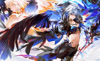 1girl absurdres artist_name asymmetrical_wings black_jacket black_pantyhose black_shorts black_wings blue_bra bra breasts cleavage closed_mouth cropped_jacket dual_persona feathered_wings galbrena_(wuthering_waves) gold_choker grey_hair hand_up highres jacket looking_at_viewer medium_breasts mismatched_wings missing_commentary mutation pantyhose purple_eyes san_zui_xiaolian_mo shorts stomach underwear wings wuthering_waves