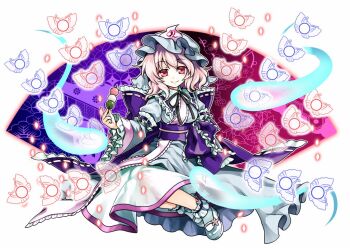 Rule 34 | 1girl, blue dress, bug, butterfly, dango, danmaku, dress, female focus, food, frills, full body, goshoguruma, hat, honeycomb pattern, insect, japanese clothes, long sleeves, looking at viewer, mary janes, md5 mismatch, mob cap, obi, pink eyes, pink hair, puffy sleeves, resized, resolution mismatch, ribbon, saigyouji yuyuko, saigyouji yuyuko's fan design, sanshoku dango, sash, shippou (pattern), shoes, short hair, simple background, sitting, skewer, smile, socha, socks, solo, source larger, touhou, triangular headpiece, veil, wagashi, white background, white socks, wide sleeves