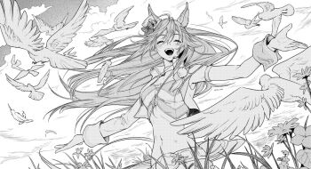 Rule 34 | 1girl, animal ears, belly, belt, bird, choker, closed eyes, cloud, floating hair, hair ornament, horse ears, horse girl, laughing, mr. c.b. (umamusume), open mouth, outstrech, pigeon, single bare shoulder, solo, umamusume, uri umu, white background, wind