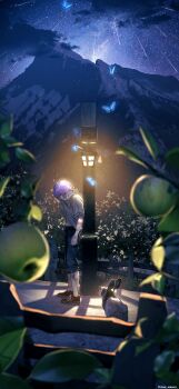 1boy absurdres aged_down animal apple bag bandaid bandaid_on_arm bandaid_on_cheek bandaid_on_face bandaid_on_hand black_pants blue_butterfly blue_eyes blue_pants blurry blurry_foreground bug butterfly closed_mouth clothes_grab commentary_request depth_of_field dirty dirty_clothes dirty_face epel_felmier fence food from_above fruit green_apple highres insect lamppost lantern leaf light_particles looking_down male_focus mau_sakura mountain navel night night_sky outdoors pants plant profile purple_hair rabbit red_shoes scenery shadow shirt shoes shooting_star short_hair short_sleeves signature sky sneakers solo standing star_(sky) starry_sky summer tree twisted_wonderland twitter_username white_shirt wide_shot wiping_face