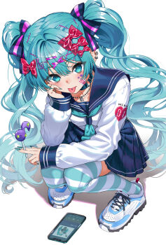 1girl absurdres aqua_eyes aqua_hair aqua_nails aqua_neckerchief black_skirt blue_sailor_collar blush bow candy closed_mouth collarbone commentary_request fingernails food fortissimo hair_between_eyes hair_bow hair_ornament hair_ribbon hand_on_own_cheek hand_on_own_face hatsune_miku highres holding holding_candy holding_food holding_lollipop ievan_polkka_(vocaloid) kabu_(niniko2ko) lollipop long_hair long_sleeves looking_at_viewer musical_note musical_note_hair_ornament nail_polish neckerchief pleated_skirt ribbon sailor_collar school_uniform shoes simple_background skirt solo squatting striped_clothes striped_thighhighs thighhighs tongue tongue_out twintails very_long_hair vocaloid white_background white_shoes