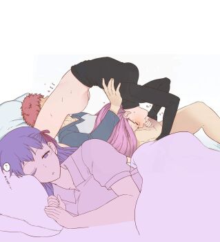 1boy 2girls 500_dollar_four_foot_tall_mareep_(meme) arched_back ass bad_id bad_twitter_id bed bottomless breasts cunnilingus emiya_shirou fate/stay_night fate_(series) fellatio flexible futon glasses hair_ribbon head_back hetero highres long_hair matou_sakura medusa_(fate) medusa_(rider)_(fate) meme mo_(kireinamo) multiple_girls oral penis pillow purple_eyes purple_hair red_hair ribbon shirt simple_background source_request turtleneck waking_up