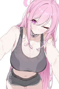 1girl absurdres blue_archive breasts cleavage commentary_request dolphin_shorts eimi_(blue_archive) grey_shorts grey_sports_bra halo highres large_breasts long_hair looking_at_viewer midriff navel one_eye_closed pink_eyes pink_hair pink_halo shorts simple_background solo sports_bra very_long_hair white_background xingyun_fankic