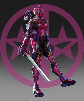 Rule 34 | 1girl, absurdres, aqua-tinted eyewear, armor, black bodysuit, bodysuit, borrowed character, breasts, charm (object), commentary, commission, deadpool (series), english commentary, full body, head spikes, heterochromatic eyewear, highres, katana, looking at viewer, looking back, marvel, marvel rivals, marvel rivals (style), medium breasts, original, pink-tinted eyewear, pink armor, shim0rin, solo, star-shaped eyewear, star (symbol), sticker, superhero costume, sword, sword on back, tinted eyewear, twitter username, v, weapon, weapon on back