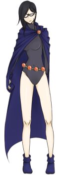 1girl bare_legs black_hair breasts cosplay costume_switch dc_comics dick_grayson domino_mask eye_mask female_focus full_body genderswap genderswap_(mtf) image_sample long_image mask pixiv_sample raven_(dc) robin_(dc) simple_background solo standing sweat tall_image teen_titans