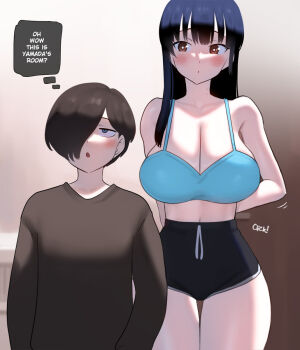 1boy 1girl :o arms_behind_back bare_arms bare_legs bare_shoulders bikini bikini_top_only black_hair blue_eyes blurry blurry_background boku_no_kokoro_no_yabai_yatsu breasts brown_eyes brown_hair cleavage closed_mouth collarbone dolphin_shorts english_text hair_over_one_eye height_difference highres ichikawa_kyoutarou indoors large_breasts long_hair looking_at_another looking_up narrow_waist navel open_mouth punpunn short_hair shorts speech_bubble standing swimsuit thick_thighs thighs wide_hips yamada_anna