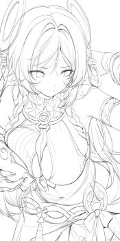 1girl armlet bare_shoulders braid breasts citlali_(genshin_impact) closed_mouth cowboy_shot facial_mark floating_head genshin_impact hand_up highres holding holding_stuffed_toy itzpapa_(genshin_impact) jewelry large_breasts leaning_forward lineart long_hair looking_to_the_side low_twin_braids navel parted_bangs re0n sarong stuffed_toy triangle triangle_facial_mark twin_braids very_long_hair