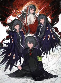 1girl armband black_hair bob_cut bridal_veil cigarette closed_mouth coat collared_shirt e.g.o_(project_moon) extra_eyes facial_scar green_armband hashtag-only_commentary holding holding_mace holding_weapon hood jacket japanese_clothes kimono limbus_company llllao216913 long_hair long_sleeves looking_at_viewer looking_back mace multiple_views necktie on_one_knee pants partially_shaded_face penitence_(e.g.o) project_moon red_eyes red_eyes_(e.g.o) ryoshu_(project_moon) scar scar_on_cheek scar_on_face scar_on_nose see-through_clothes shiromuku shirt short_hair silk smoking spider_web sword too_many_eyes uchikake veil vest wataboushi weapon white_background white_kimono