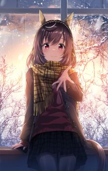 1girl animal_ears black_pantyhose blush braid breasts brown_hair buena_vista_(umamusume) checkered_clothes checkered_hairband checkered_scarf closed_mouth commentary_request commission ear_covers hair_between_eyes hair_ornament hairband headband highres horse_ears horse_girl horse_tail looking_at_viewer medium_hair murasaki_himuro outstretched_arm pantyhose purple_eyes red_sweater scarf skeb_commission skirt smile snow solo sweater tail umamusume window yellow_scarf