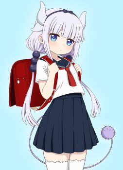 1girl absurdres backpack bag beads black_hairband blue_eyes blunt_bangs cowboy_shot dragon_girl dragon_horns hair_beads hair_ornament hairband highres horns kanna_kamui kobayashi-san_chi_no_maidragon kyuu3732 long_hair neckerchief pleated_skirt purple_hair randoseru sailor_collar school_uniform serafuku shirt simple_background skirt solo thighhighs twintails white_shirt white_thighhighs