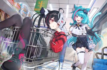 2girls absurdres ahoge animal_ears black_hair black_pantyhose blue_hair cat_ears cat_girl cat_tail commentary_request hair_ornament hair_ribbon heart highres in_shopping_cart jacket komiya_latte lacrimosa_(nte) long_hair mint_(nte) multicolored_hair multiple_girls neverness_to_everness open_mouth pantyhose red_eyes red_jacket ribbon shirt shopping shopping_cart tail thighhighs twintails two-tone_hair white_hair white_shirt white_thighhighs x_hair_ornament