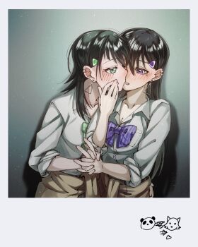 2girls bang_dream! bang_dream!_it&#039;s_mygo!!!!! black_hair blush bow bowtie brown_cardigan cardigan cardigan_around_waist clothes_around_waist commentary doki_(oox3o) dress_shirt ear_piercing earrings green_bow green_bowtie hair_ornament hairclip heart highres holding_hands interlocked_fingers jewelry kiss long_hair looking_through_fingers multiple_girls open_mouth piercing plaid_bow plaid_bowtie plaid_clothes purple_bow purple_bowtie purple_eyes shiina_taki shirt sleeves_rolled_up three-quarter_sleeves upper_body white_shirt yahata_umiri yuri