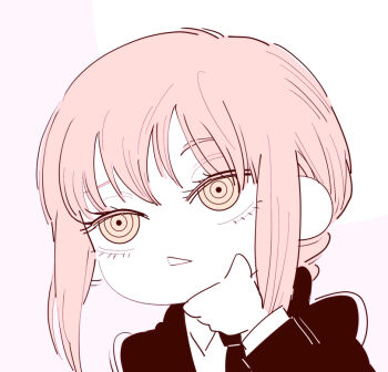 1girl chainsaw_man chibi chibi_only coat collared_shirt deer60868637 hand_on_own_chin limited_palette long_hair makima_(chainsaw_man) necktie pink_hair ringed_eyes shirt solo yellow_eyes