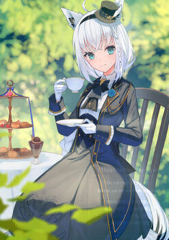 Rule 34 | 1girl, ahoge, animal ear fluff, animal ears, black hat, black jacket, black vest, blue eyes, blurry, blurry background, braid, chair, chocolate, closed mouth, collared shirt, commentary, cup, dessert, english commentary, food, fox ears, frilled sleeves, frills, gloves, hair between eyes, hat, highres, holding, holding cup, holding plate, hololive, ice cream, jacket, long hair, long sleeves, looking at viewer, mini hat, mini top hat, official alternate costume, official alternate hairstyle, on chair, open clothes, open jacket, outdoors, plate, shirakami fubuki, shirakami fubuki (parade dress), shirt, single braid, sitting, sleeves past wrists, solo, top hat, very long hair, vest, virtual youtuber, watermark, white gloves, white hair, white shirt, xyunx