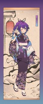 1girl absurdres alternate_costume bandaid bandaid_on_face bandaid_on_nose black_choker black_gloves black_nails blue_eyes blue_hair braid braided_ponytail choker fingerless_gloves floral_print floral_print_kimono fur-trimmed_gloves fur_trim geta gloves gradient_hair hair_ornament highres japanese_clothes kimono looking_at_viewer medium_hair melody_(projektmelody) multicolored_hair one_eye_closed ouchi040 pink_hair print_kimono purple_hair purple_kimono sash smile socks solo streaked_hair triangle_hair_ornament virtual_youtuber vshojo white_sash white_socks